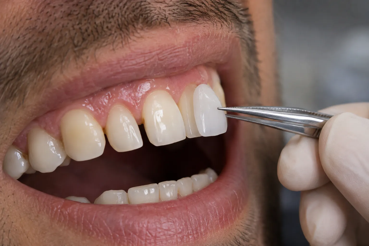 Close up of high quality porcelain dental veneers